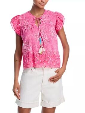 Bell Milia Vibrant Pink and Cream Cotton Silk Blend Top NWT Sz Sm Ret $310